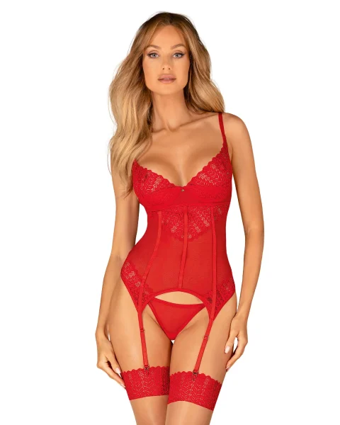 Комплект корсет та стрінги Obsessive Ingridia corset & thong XL/2XL, червоний
