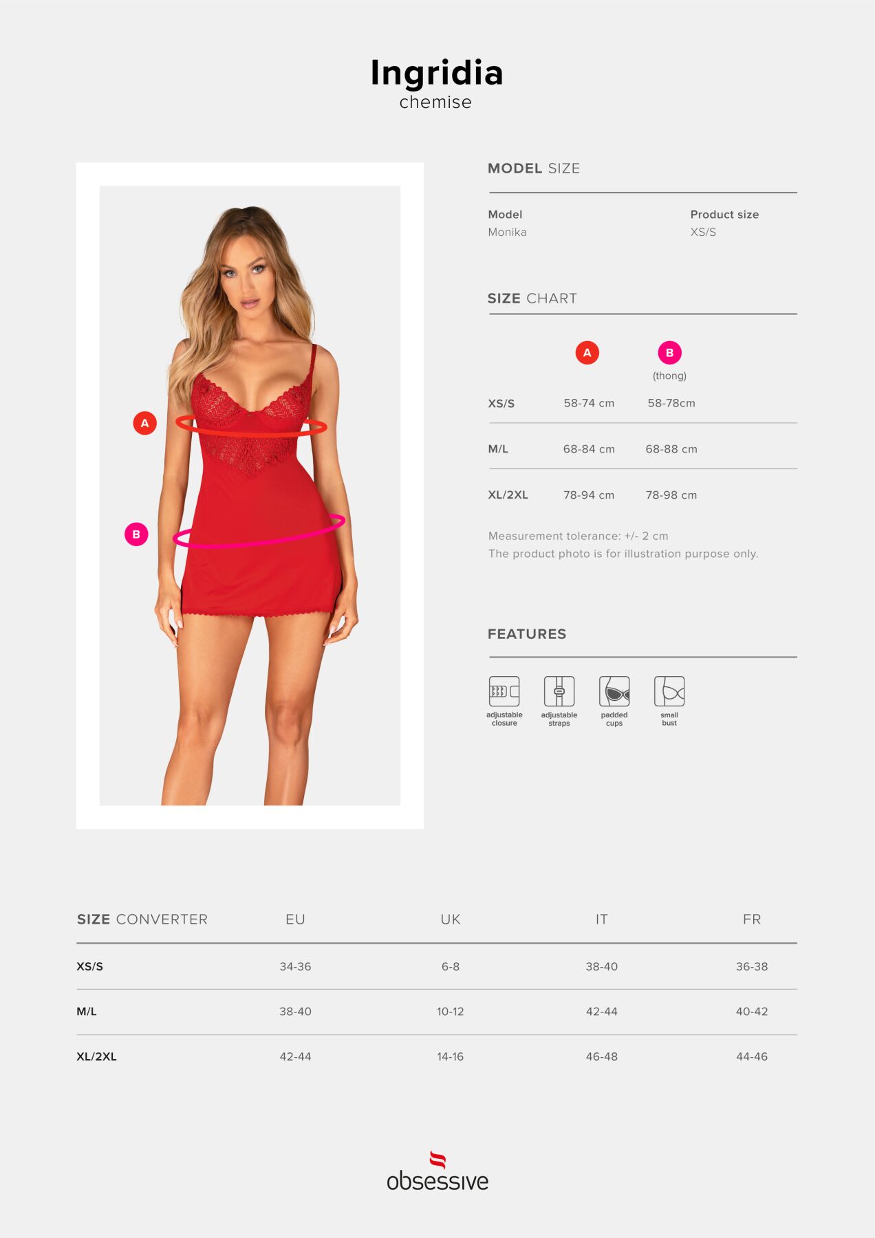 Пеньюар Obsessive Ingridia chemise & thong XS/S, червоний, сорочка, стрінги - Зображення 5