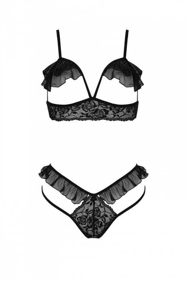 Еротичний комплект Passion DOLLY SET, L/XL, black, з відкритими чашками - Зображення 3