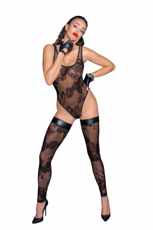 (SALE) Боді Noir Handmade F242 Tulle body with patterned flock embroidery - M - Зображення 4
