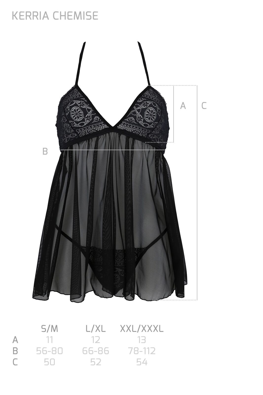 Пеньюар Passion KERRIA CHEMISE black, L/XL, мереживний верх, трусики в комплекті - Зображення 5