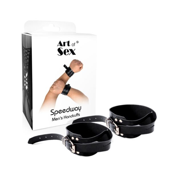 Чоловічі шкіряні наручники Art of Sex - Man Handcuffs Speedway XS-M, колір чорний - Зображення 3