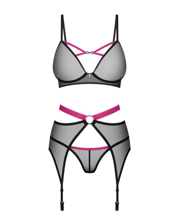 Комплект Obsessive Novenes 3-pcs set, XS/S, прозорий ліф на кісточках, стрінги, пояс - Зображення 4