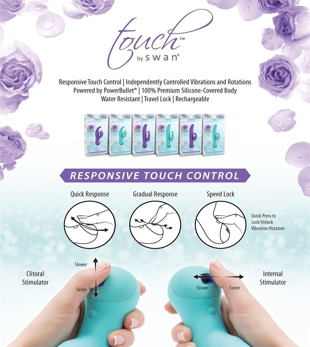 Вібратор-кролик з сенсорним управлінням і ротацією Touch by SWAN - Duo Purple, глибока вібрація - Зображення 8