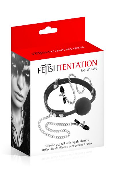 Кляп з силіконовою кулькою і затискачами Fetish Tentation