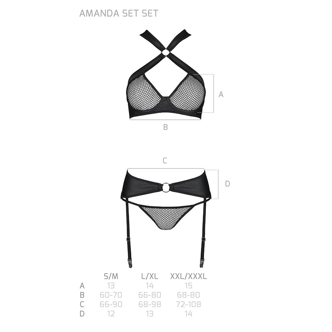 Сітчастий набір AMANDA SET S/M, чорний - бюстгальтер, трусики, пояс