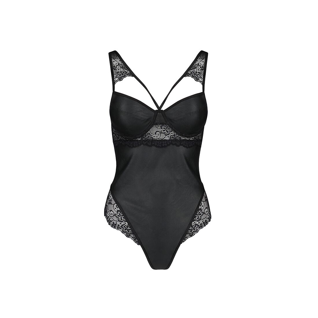 Елегантний боді з еко-шкіри та мережива Passion LOONA BODY L/XL, чорний