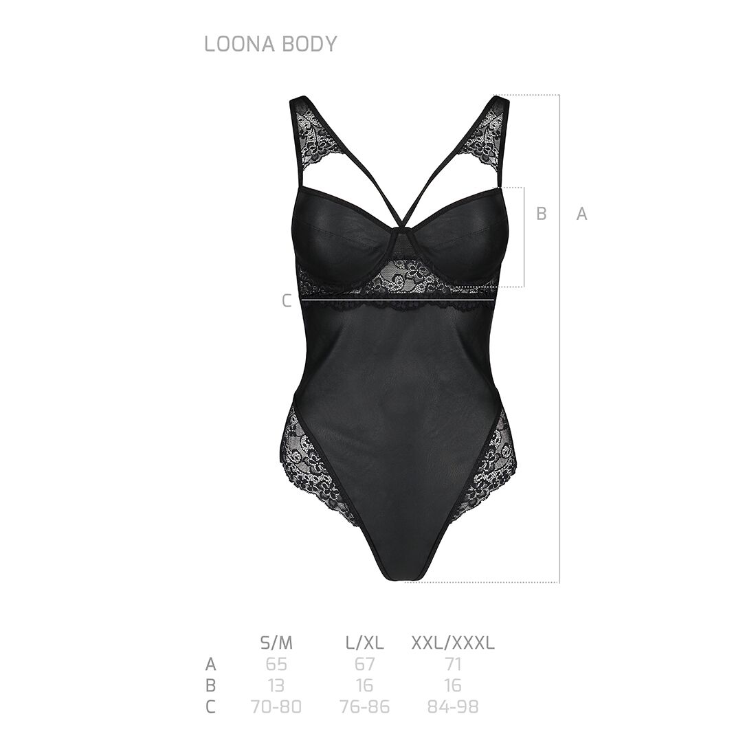 Елегантний боді з еко-шкіри та мережива Passion LOONA BODY L/XL, чорний