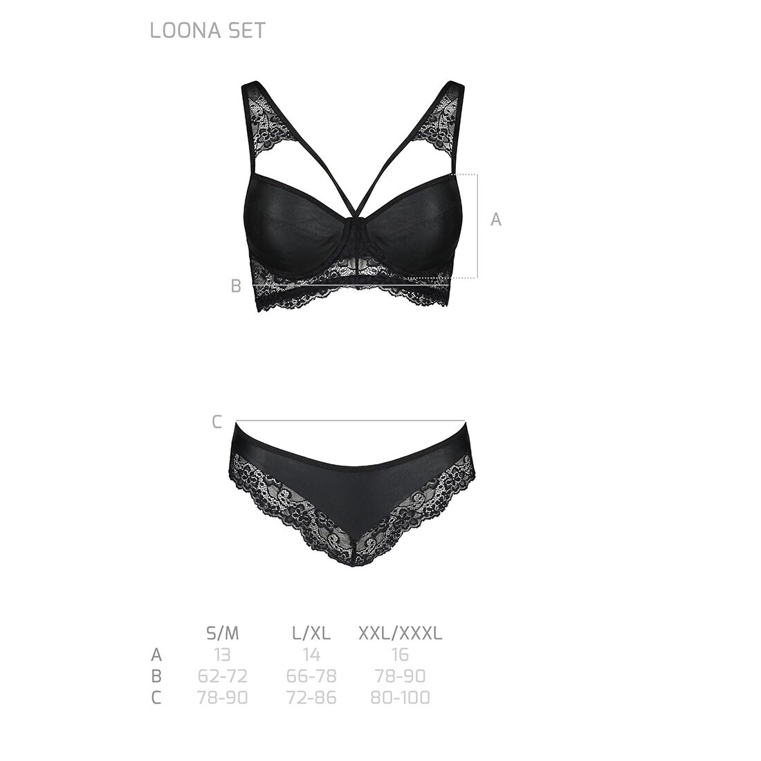 Комплект жіночий Passion LOONA SET L/XL з еко-шкіри та мережива, чорний
