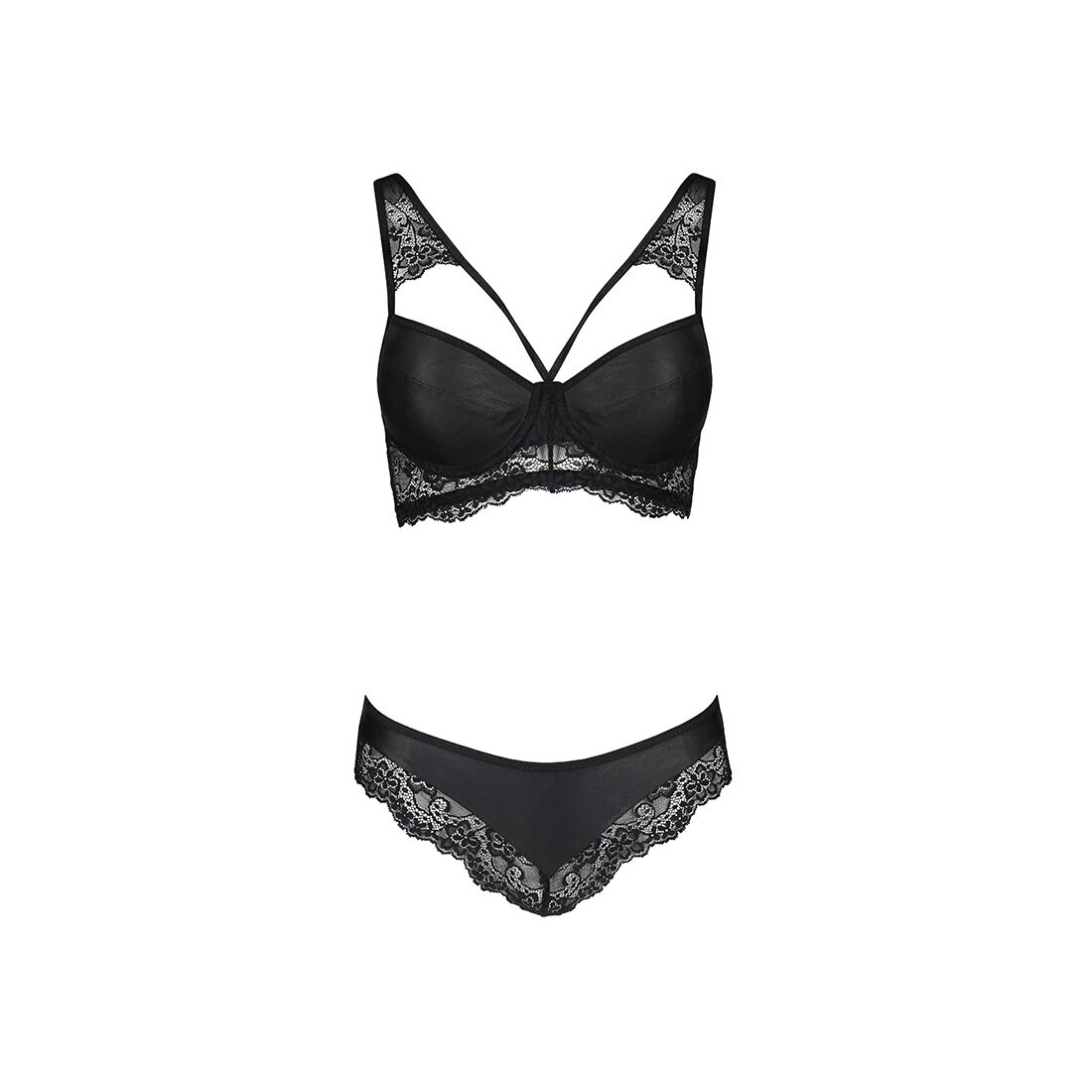 Комплект жіночий Passion LOONA SET L/XL з еко-шкіри та мережива, чорний