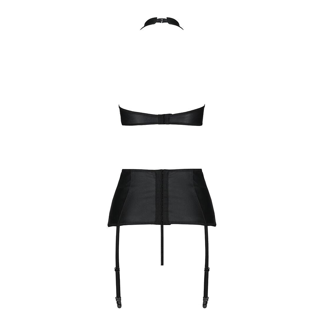 Комплект з еко-шкіри з імітацією шнурівки Passion NANCY SET S/M black топ, трусики, пояс для панчіх