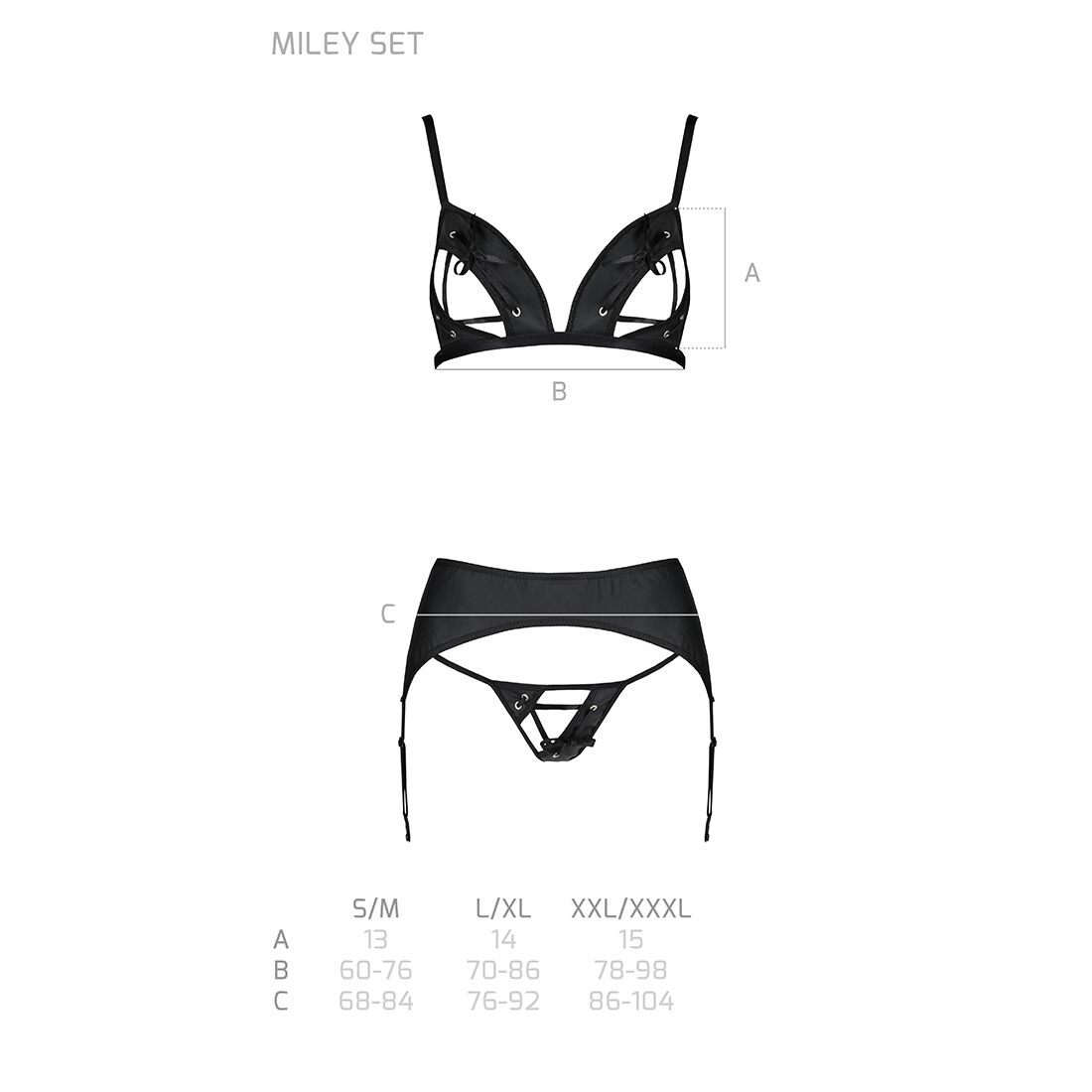 Комплект з екошкіри Passion MILEY SET XXL/XXXL, чорний, бюстгальтер, трусики, пояс