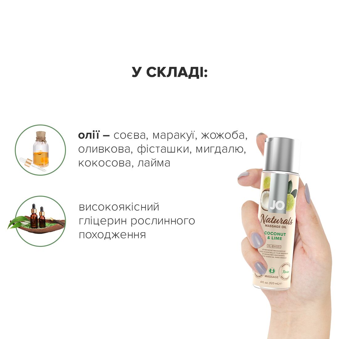 Масажна олія JO Naturals Coconut & Lime 120 мл з натуральними оліями