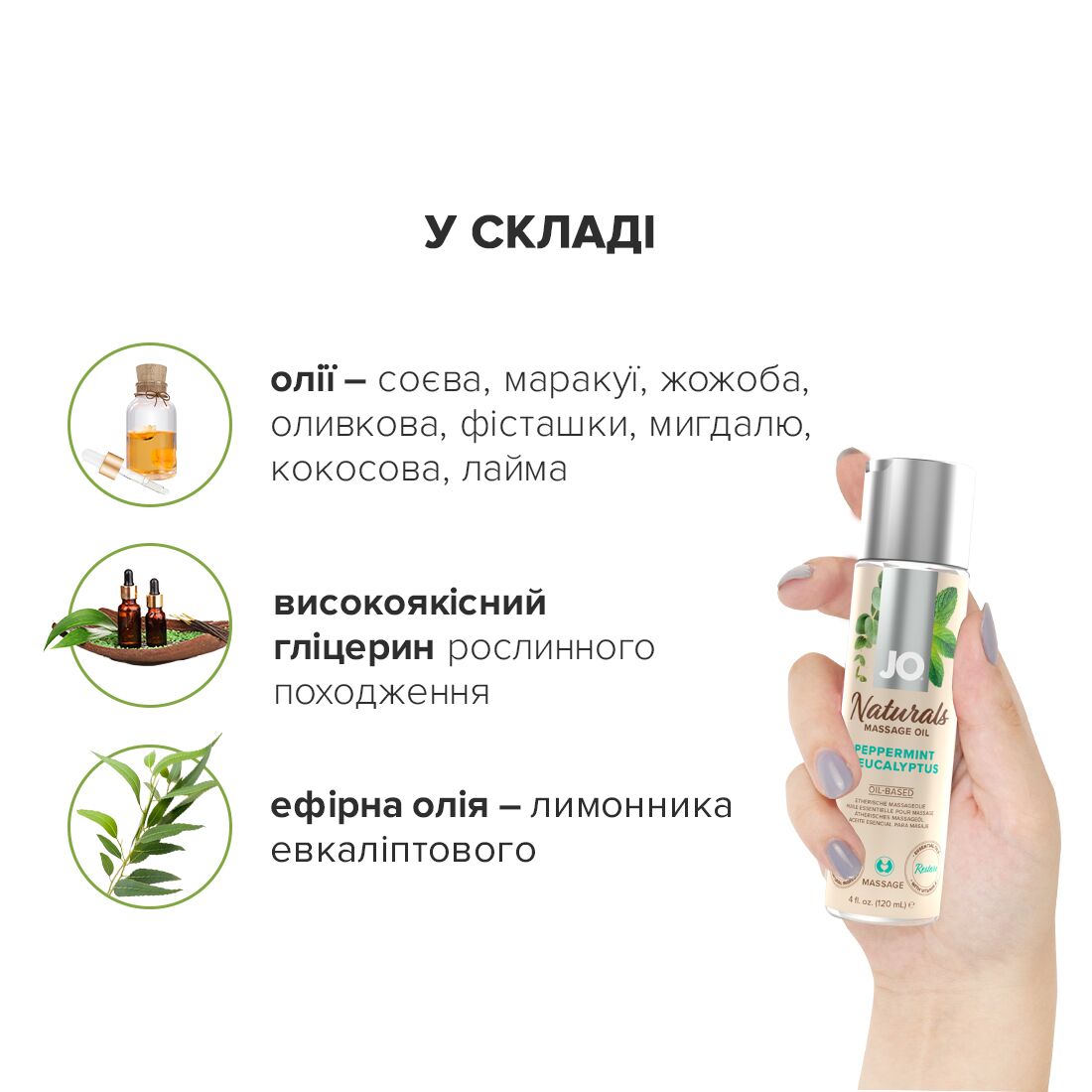 Масажна олія JO Naturals з м'ятою та евкаліптом, 120 мл