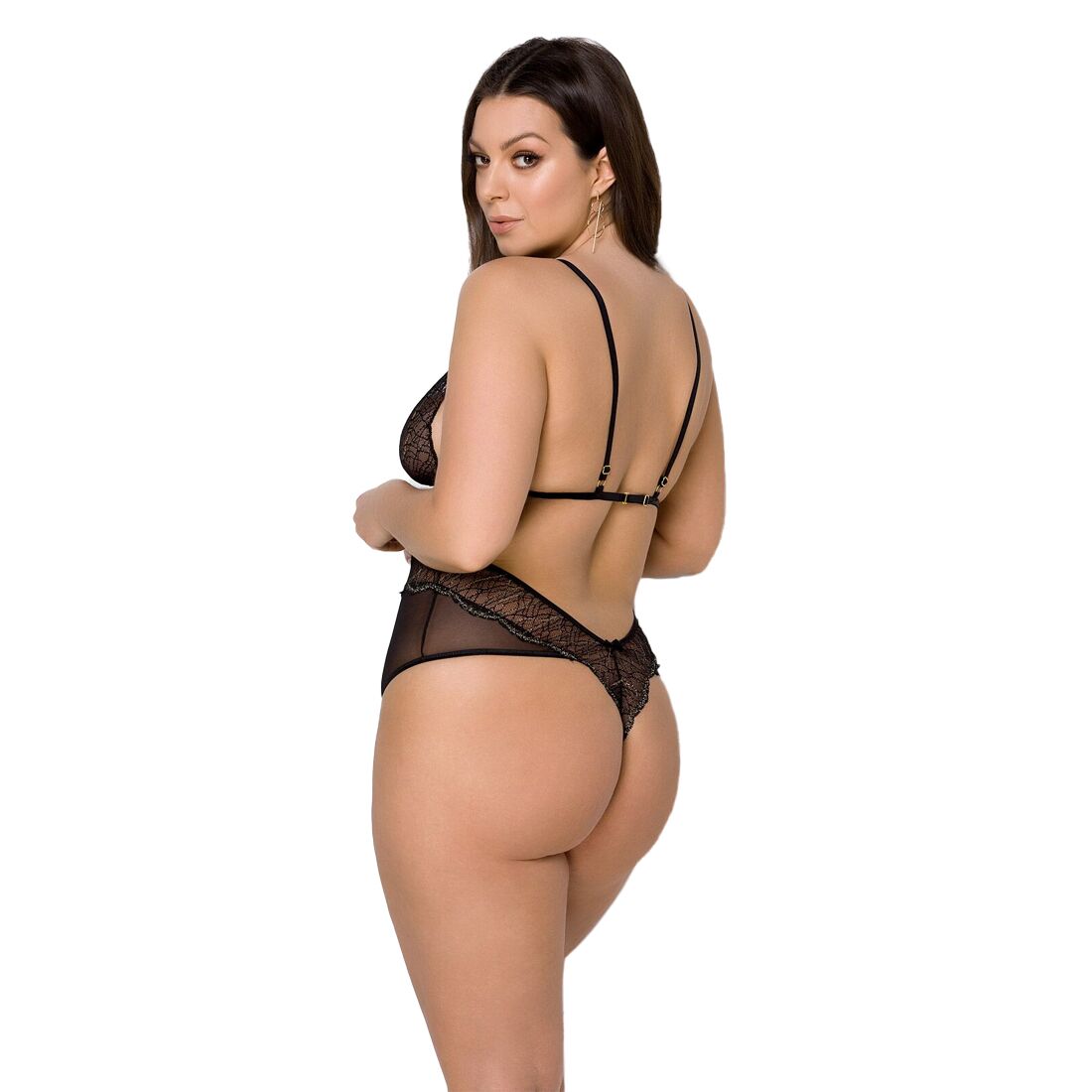 Passion Amberly Body 4XL/5XL - Чорне мереживне боді з золотими деталями