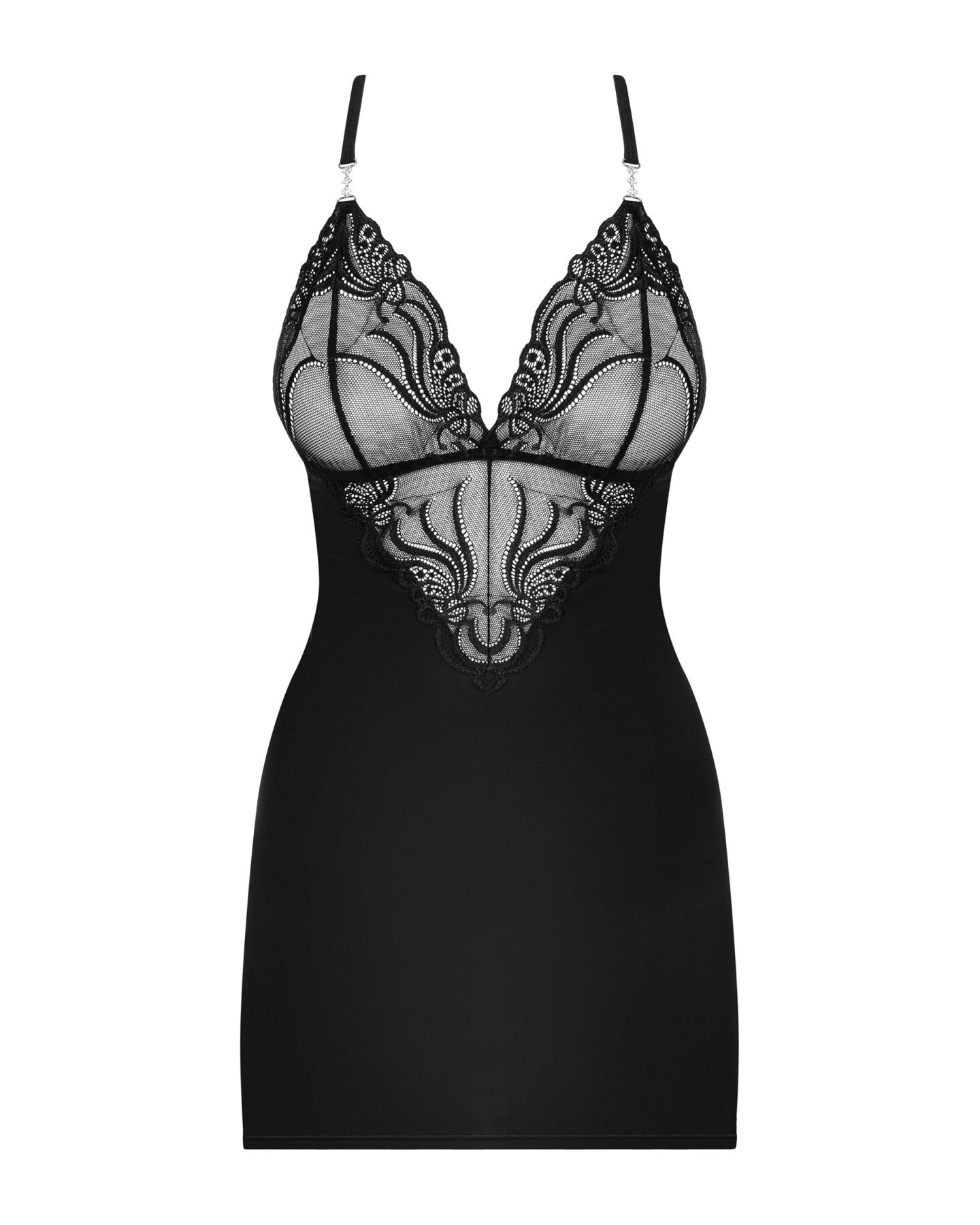 Сатиновий комплект для сну з мереживом Obsessive, чорний S/M