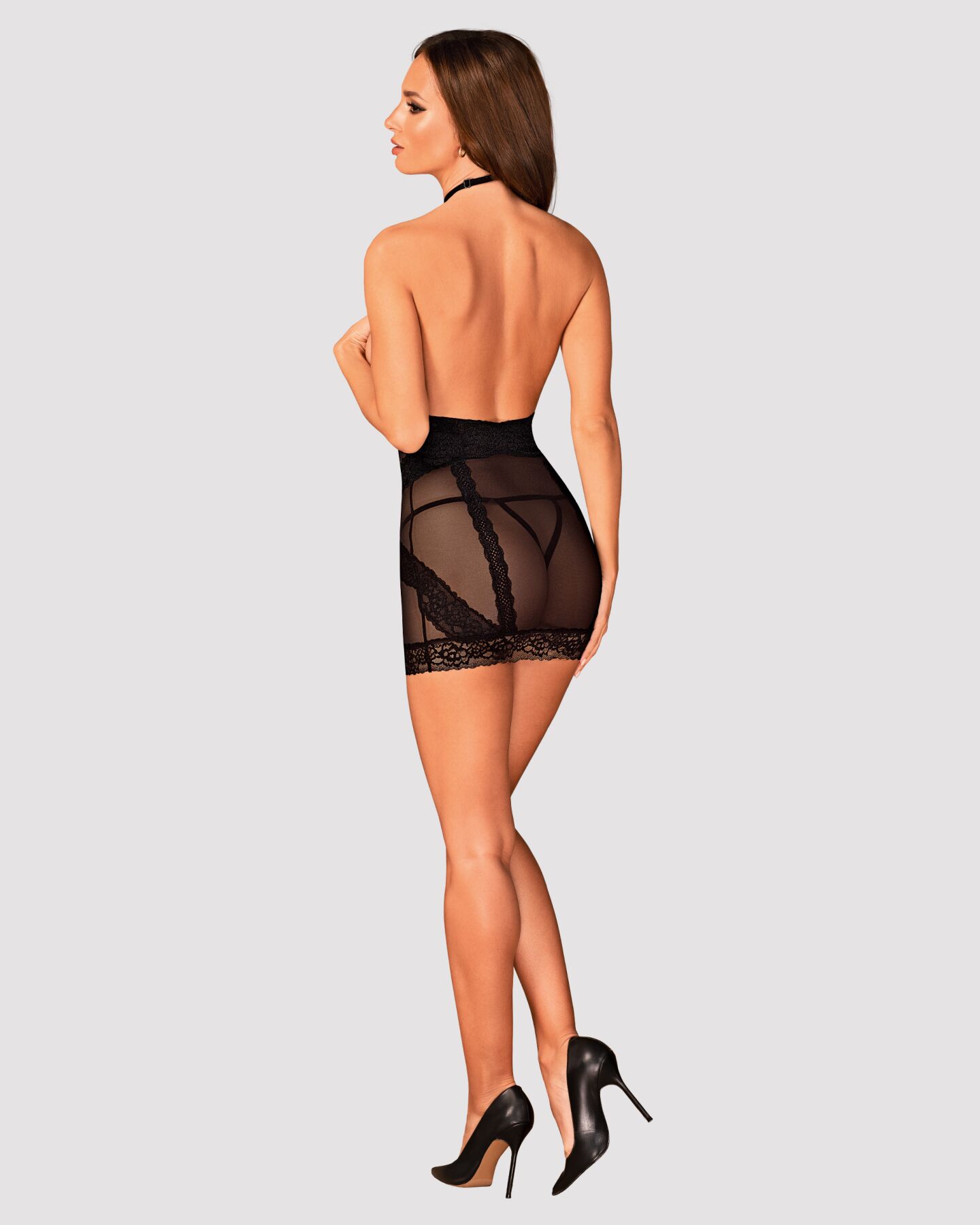 Напівпрозора чорна сорочка Obsessive Lacrisia chemise M/L з чокером