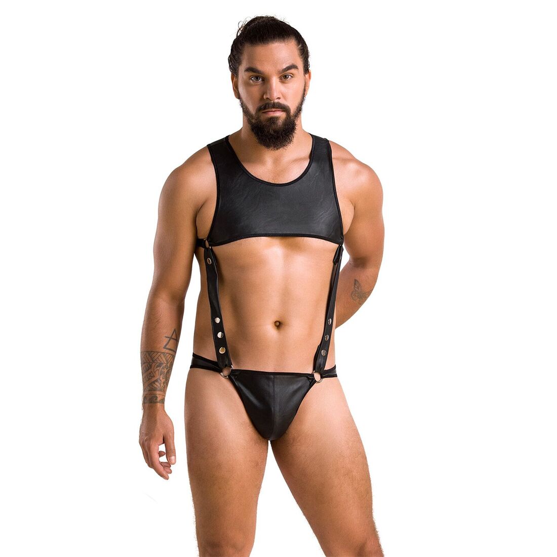 Чоловіче шкіряне боді Passion Adam XXL/XXXL, чорне, заклепки