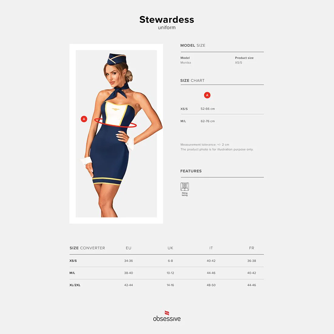 Еротичний костюм стюардеси Obsessive Stewardess uniform M/L, blue, сукня, пілотка, шарф, манжети - Зображення 8