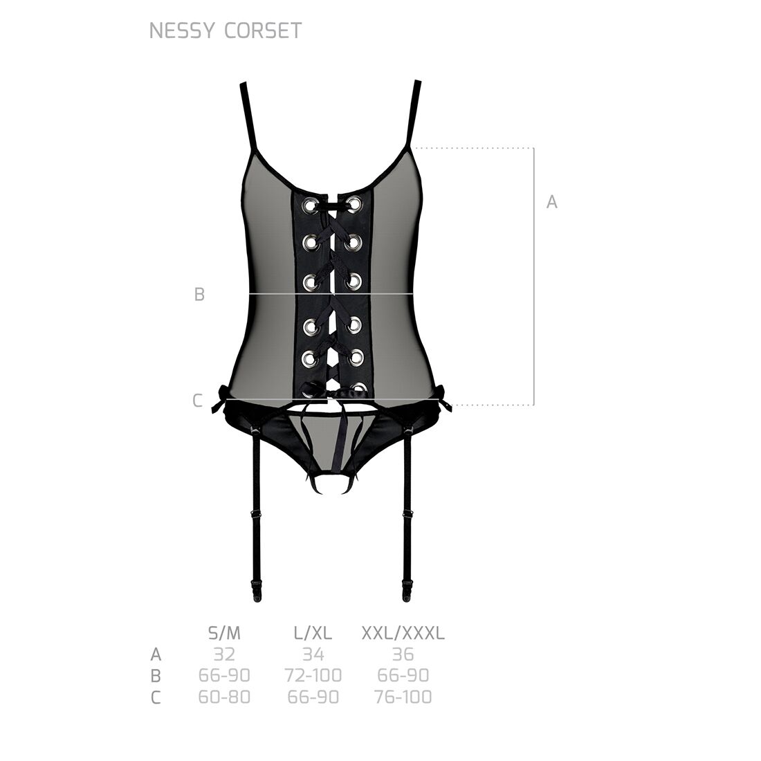 Корсет зі шнурівкою Passion NESSY CORSET L/XL, чорний