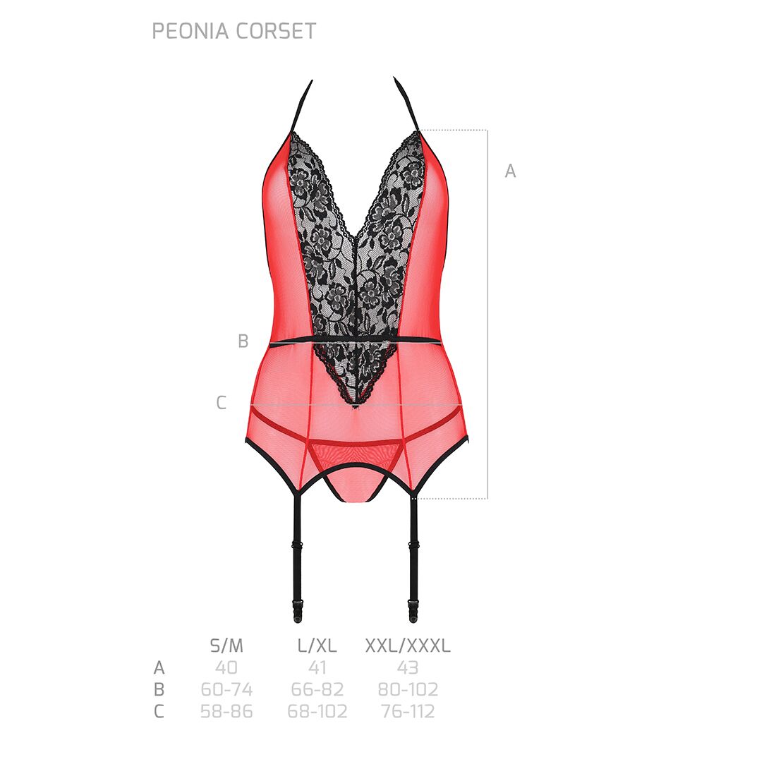Корсет з пажами для панчіх Passion PEONIA RED S/M, елегантний комплект