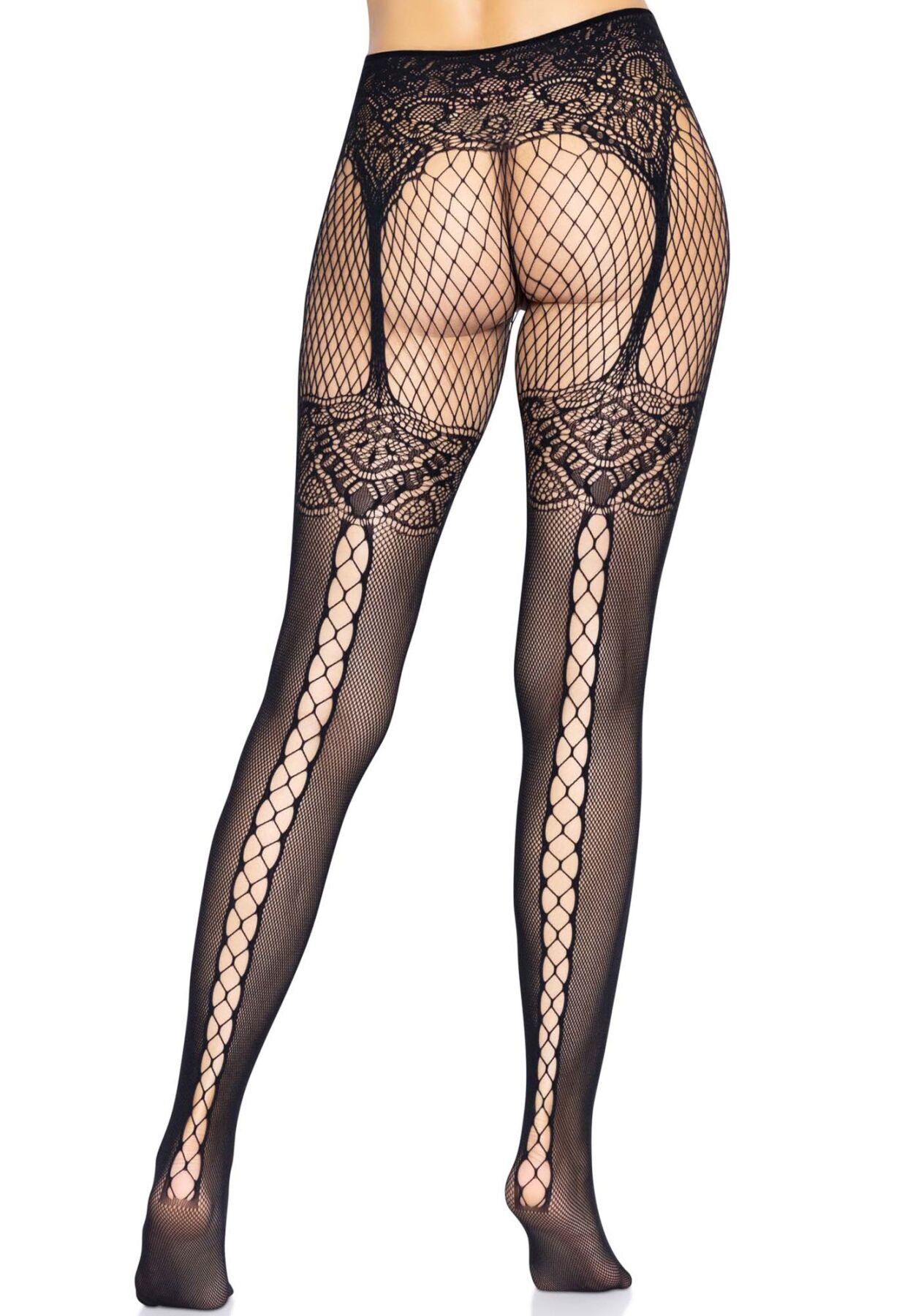 Колготки Leg Avenue Fishnet з мереживом та заднім швом, чорні
