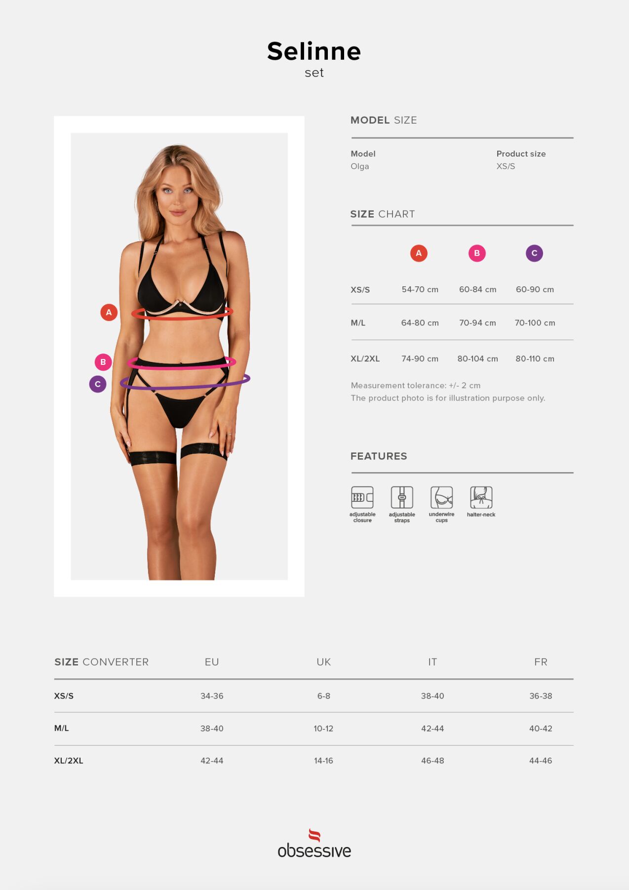 Комплект білизни Obsessive Selinne 3-pcs, чорний, M/L