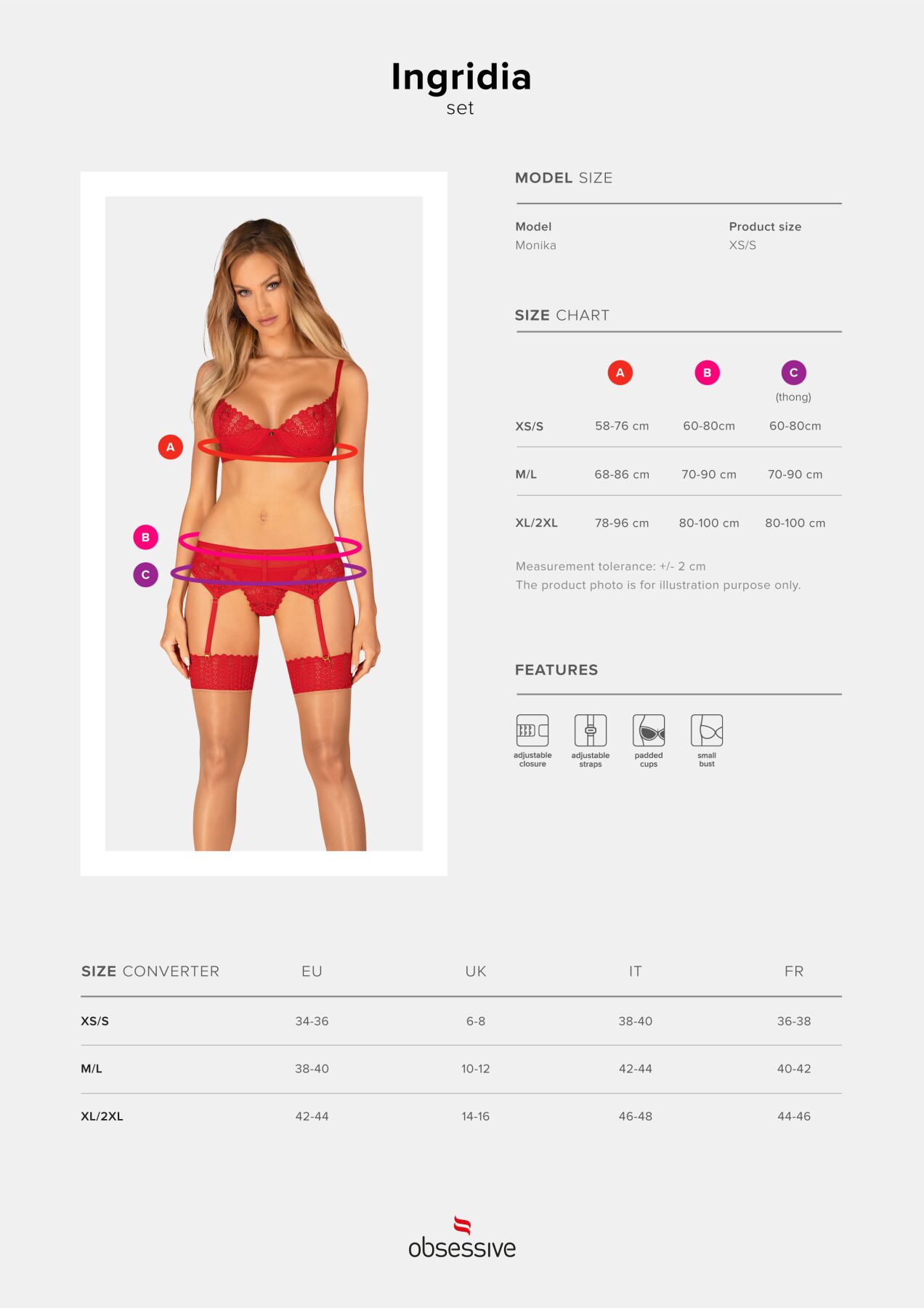 Комплект Obsessive Ingridia 3-pcs XS/S, червоний, елегантний дизайн