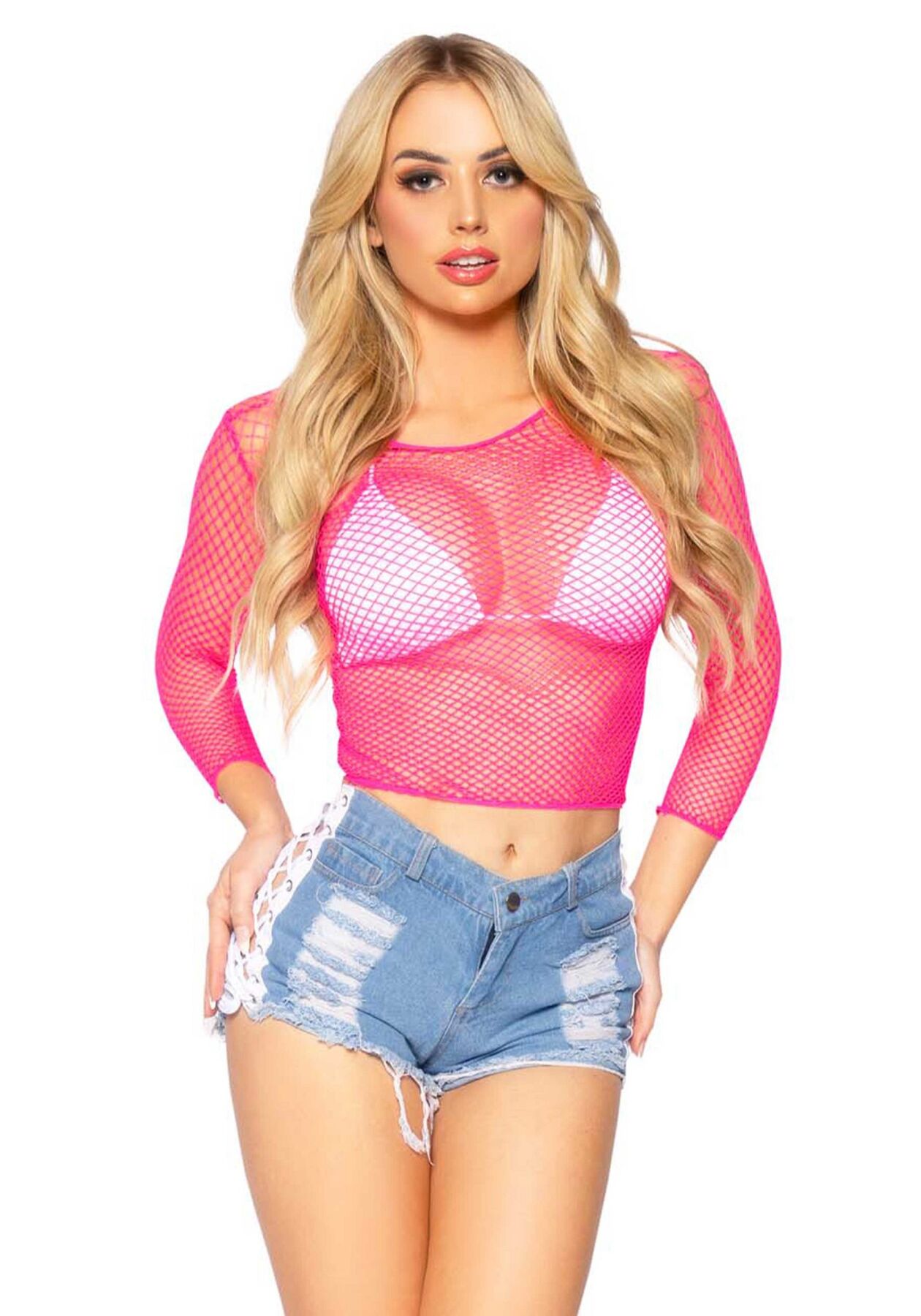 Сітчастий топ Leg Avenue Neon Pink, Довгі рукави, Один розмір