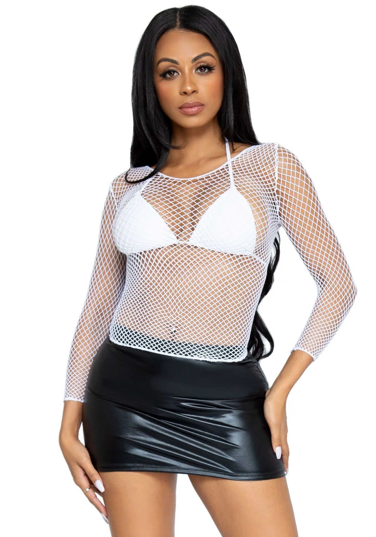 Сітчастий топ Leg Avenue з довгими рукавами, білий, One Size