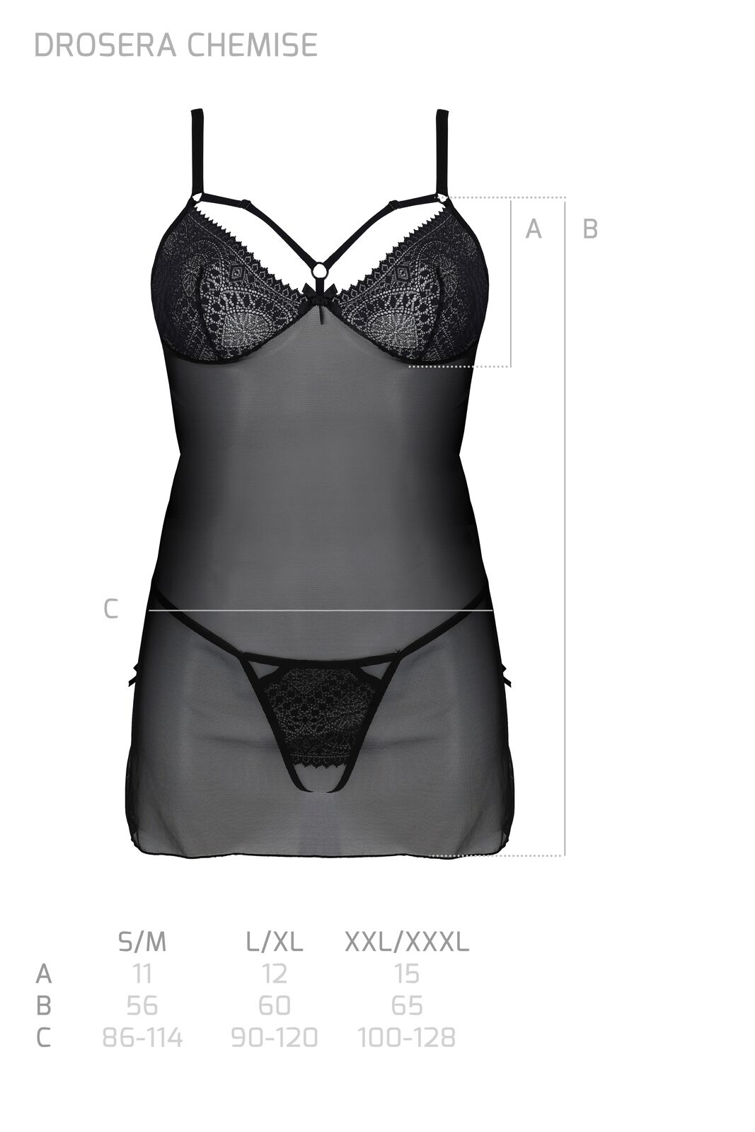 Мереживний пеньюар Passion DROSERA CHEMISE, чорний, XXL/XXXL