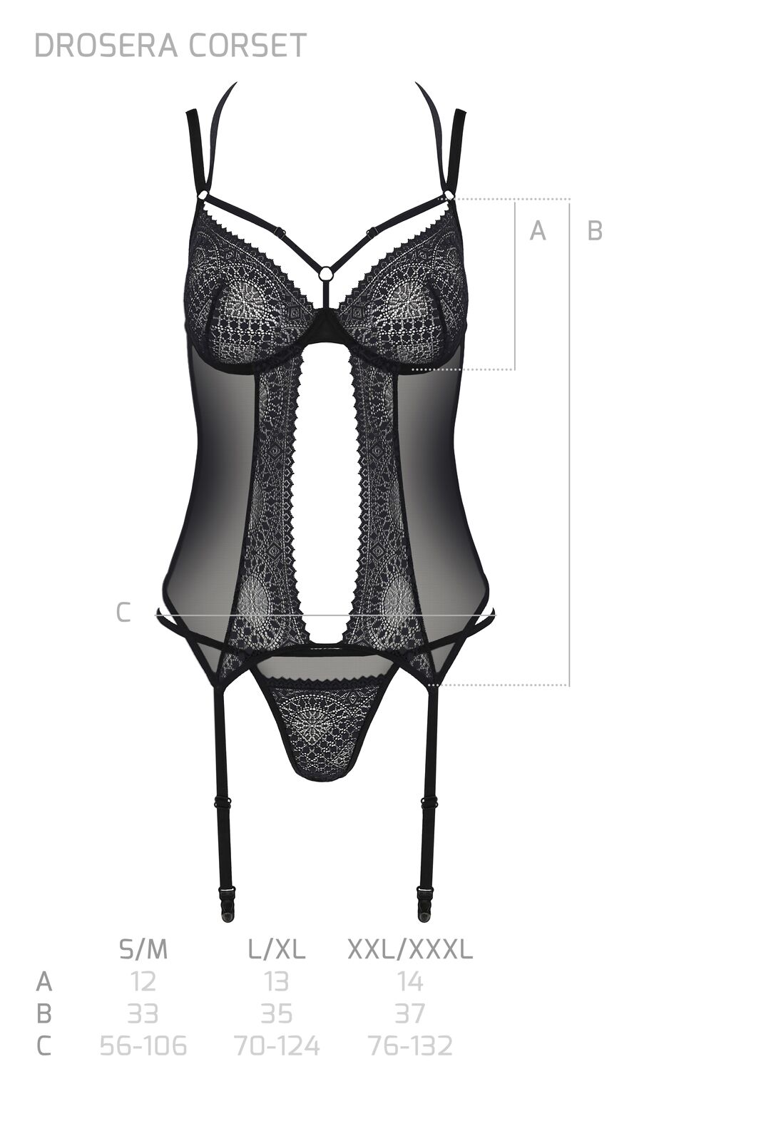 Корсет Passion DROSERA CORSET чорний, XXL/XXXL, з панчохами