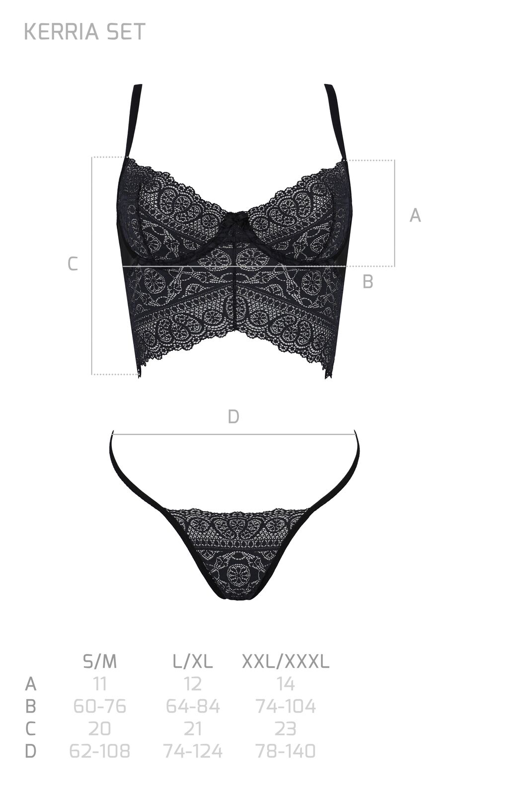Комплект білизни Passion KERRIA SET, чорний, L/XL, сітка+мереживо