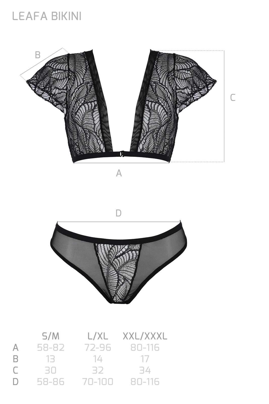 Комплект мереживної білизни Passion LEAFA BIKINI, чорний, XXL/XXXL
