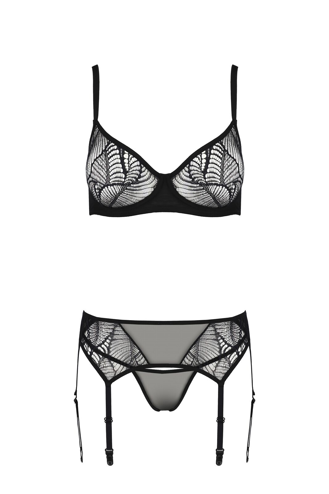 Комплект Passion LEAFA SET, чорний, XXL/XXXL, мереживо та сітка