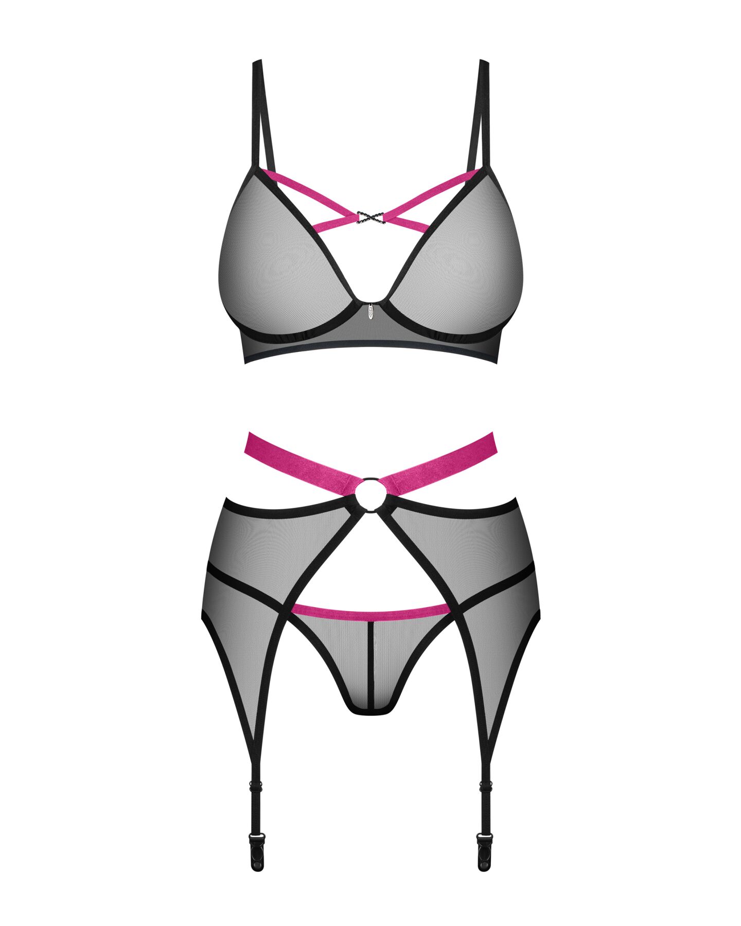 Комплект Obsessive Novenes 3-pcs: Прозорий ліф, стрінги та пояс