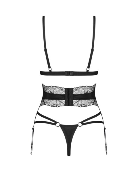 Комплект Obsessive Lobellis 3-pcs set, XL/2XL, чорний, ліф з м’якою чашкою, стрінги, пояс для панчіх