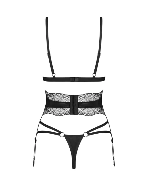 Комплект Obsessive Lobellis 3-pcs set, XL/2XL, чорний, ліф з м’якою чашкою, стрінги, пояс для панчіх