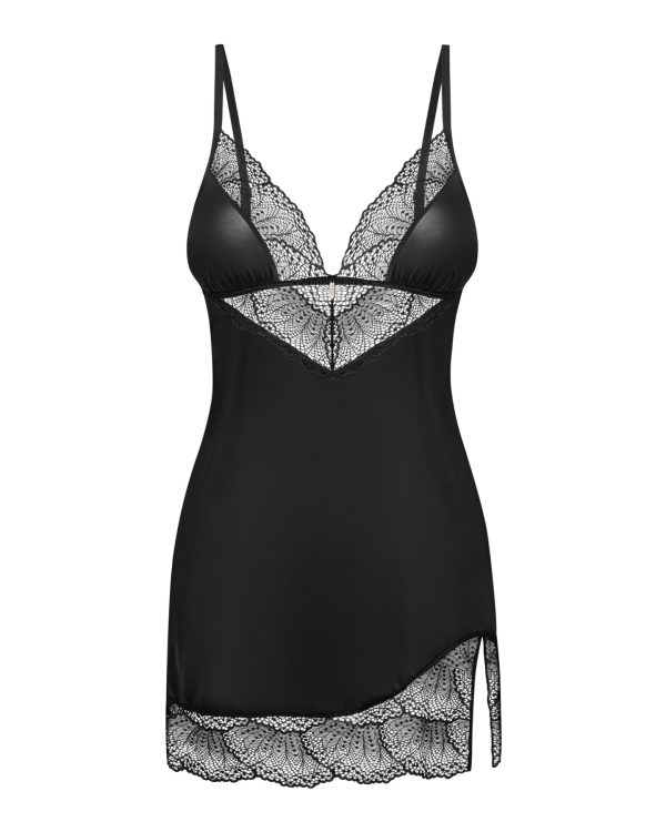 Пеньюар Obsessive Lobellis chemise & thong, XS/S, чорний, мереживне оздоблення, стрінги в комплекті - Зображення 3