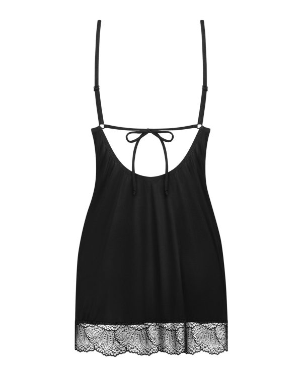 Пеньюар Obsessive Lobellis chemise & thong, XS/S, чорний, мереживне оздоблення, стрінги в комплекті - Зображення 4