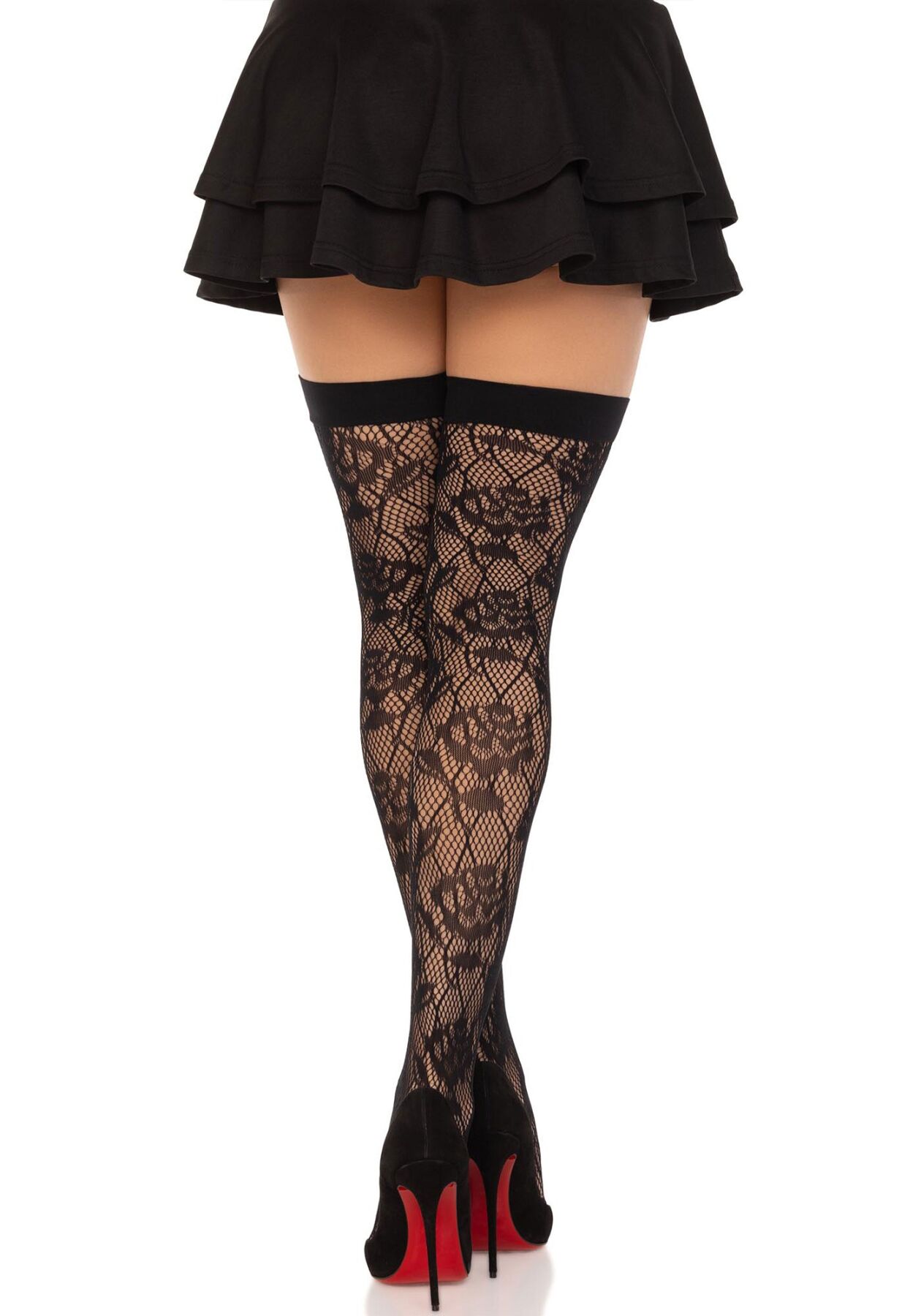 Панчохи Leg Avenue Wild rose net thigh highs, One Size, чорні, широка резинка, малюнок-троянди - Зображення 2