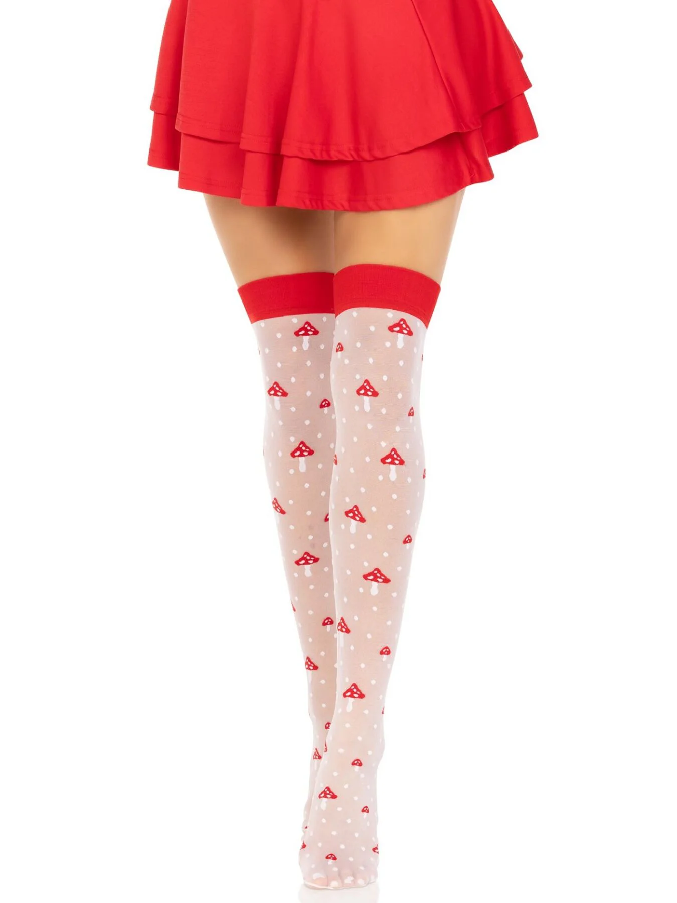 Панчохи Leg Avenue Polka Dot Mushroom Thigh Highs, One Size, біло-червоні, на резинці, малюнок — гриби - Зображення 17