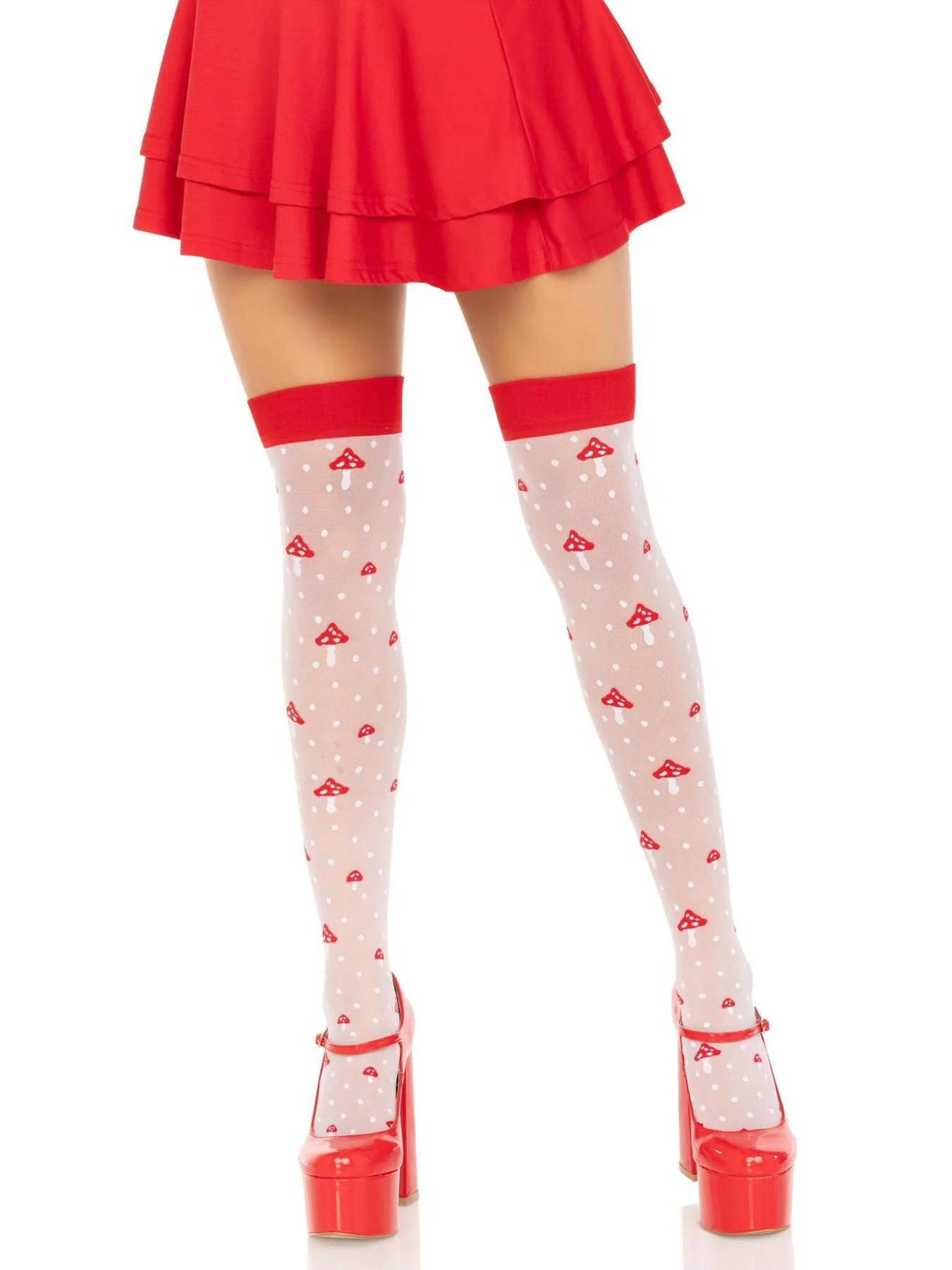 Панчохи Leg Avenue Polka Dot Mushroom Thigh Highs, One Size, біло-червоні, на резинці, малюнок — гриби - Зображення 7