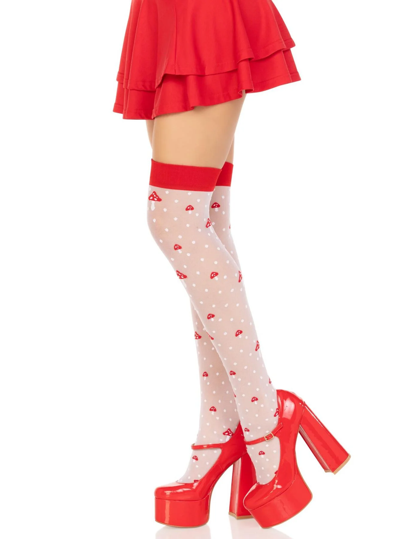 Панчохи Leg Avenue Polka Dot Mushroom Thigh Highs, One Size, біло-червоні, на резинці, малюнок — гриби - Зображення 14