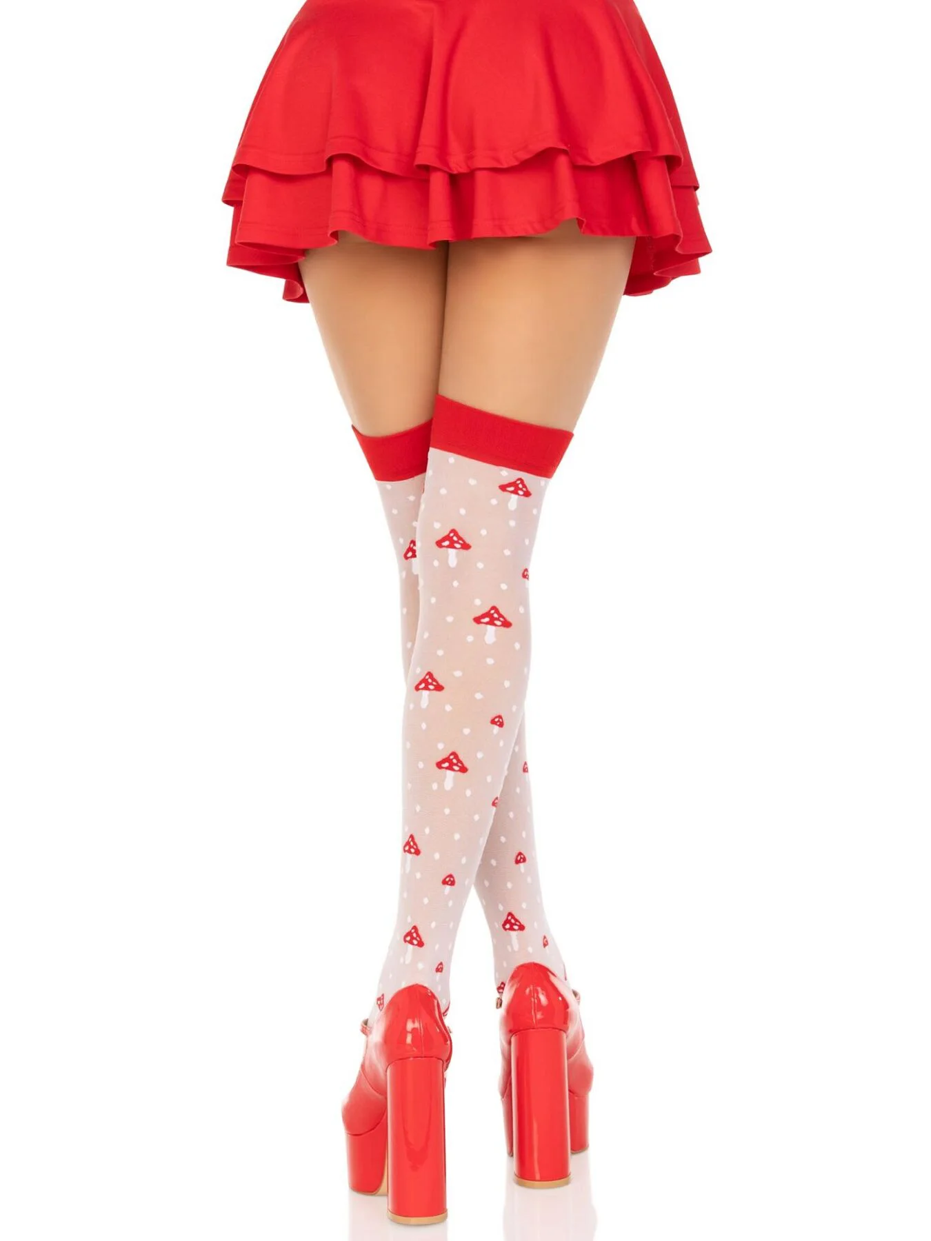 Панчохи Leg Avenue Polka Dot Mushroom Thigh Highs, One Size, біло-червоні, на резинці, малюнок — гриби - Зображення 8