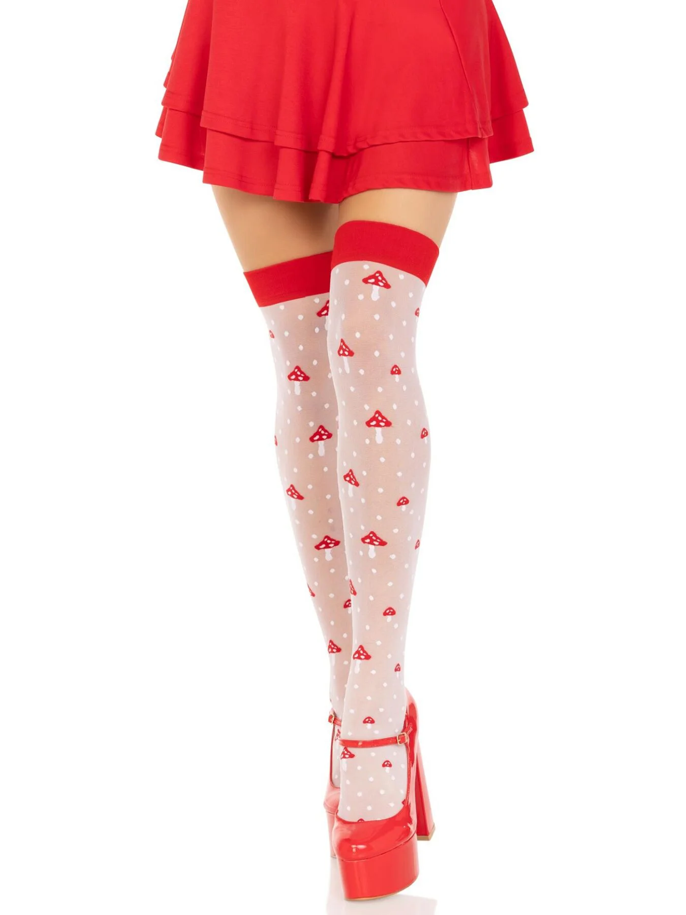 Панчохи Leg Avenue Polka Dot Mushroom Thigh Highs, One Size, біло-червоні, на резинці, малюнок — гриби - Зображення 11