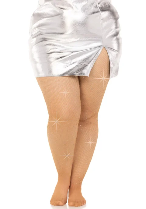 Колготки Leg Avenue Rhinestone micro net tights Plus size Caramel, дрібна сітка, стрази