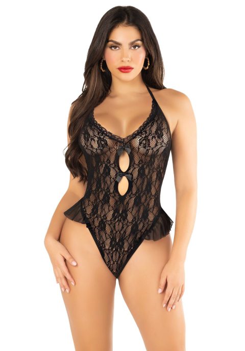 Боді Leg Avenue Lace Floral Lace Halter Teddy with Flutter Accent One Size, Black