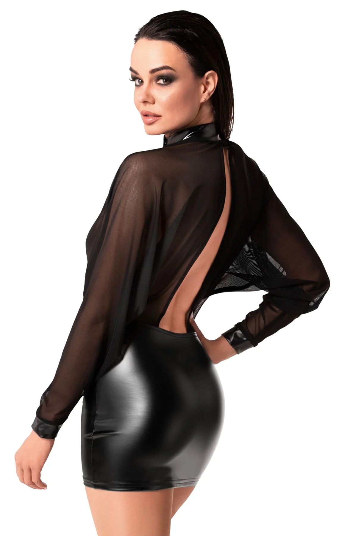 Чорна сукня Noir Handmade F348 з Powerwetlook і тюлю - 4XL