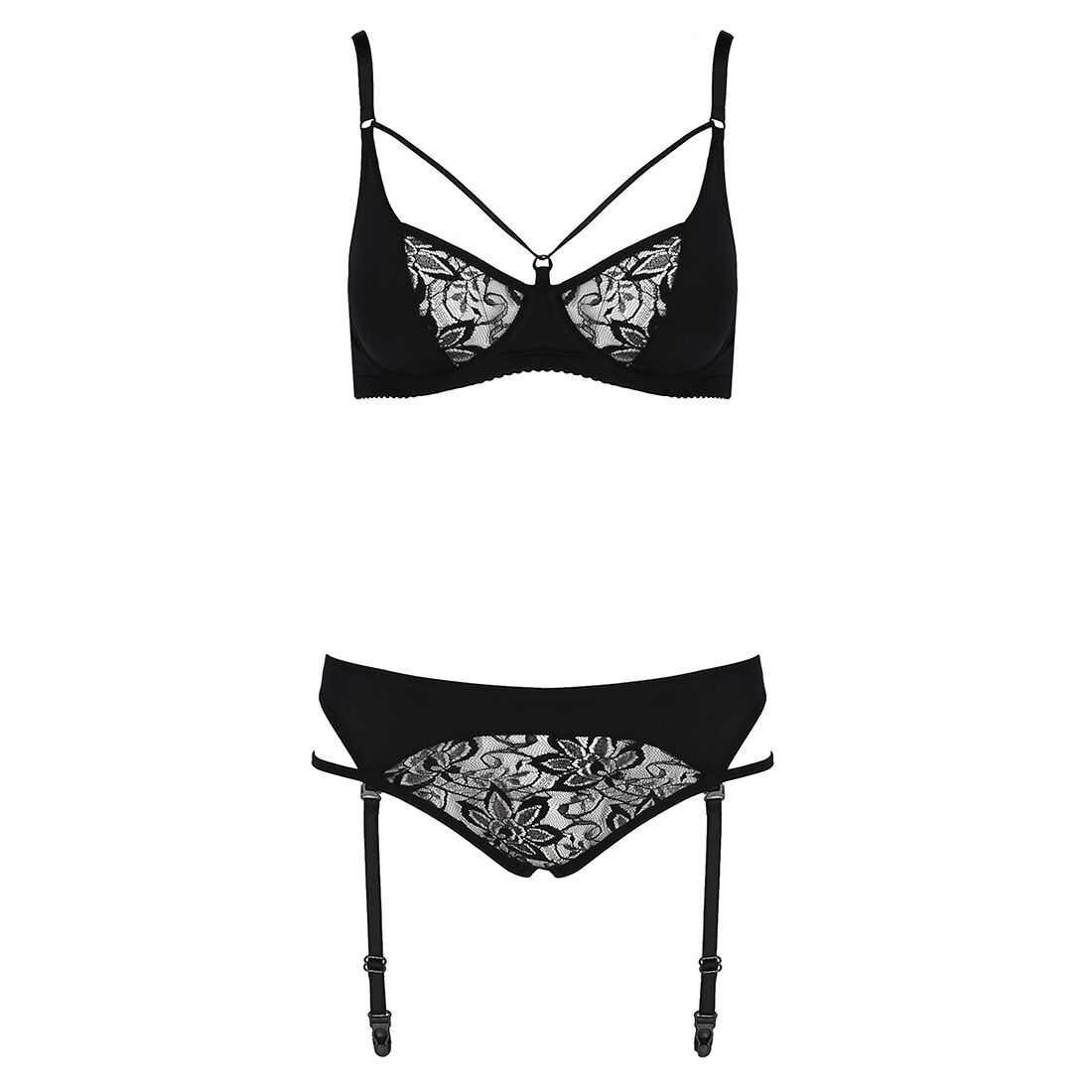 Комплект білизни Passion PAULINE SET L/XL, чорний, стрепи, ліф, стрінги